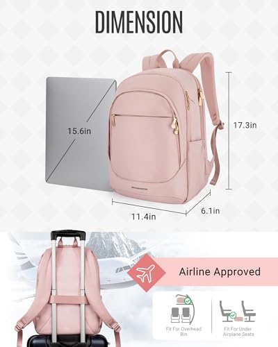 Image of LIGHT FLIGHT Travel Backpack for Women, 15.6 Inch Laptop Backpack with USB Charging Hole, Water Resistant College Bookbag, Large Capacity Black Computer Backpacks for Work, Dull Pink