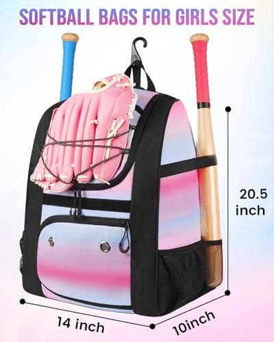 Image of MATEIN Softball Bag, Lightweight Baseball Backpack with Shoe Compartment, Baseball Bag with Fence Hook for TBall Bat & Equipment, Softball Gifts Catchers Backpack for Women Fit Catcher's Mitt, Helmet