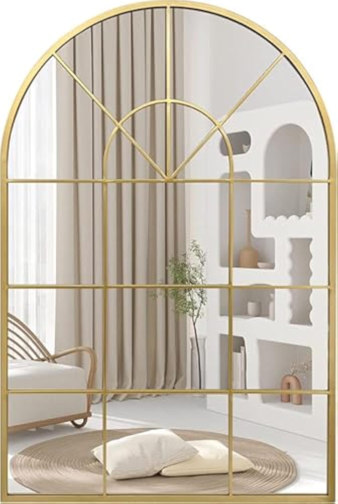 Arch Elegant Metal Decorative Wall Mirror Window, Golden