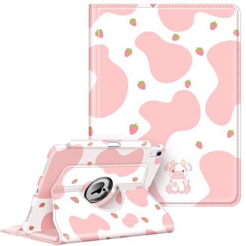 FINTIE Rotating Case for iPad (A16) 11th Generation 11 Inch (2025), iPad 10th Generation 10.9 Inch (2022) - 360 Degree Swivel Protective Stand Cover w/Pencil Holder, Auto Wake/Sleep, Strawberry Cow