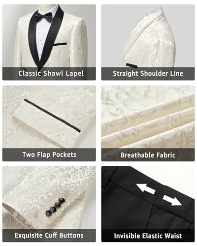 YND Men's 2 Piece Slim Fit Suit Set, One Button Shawl Lapel Floral Pattern Party Blazer, Jacket Pants with Bow Tie4