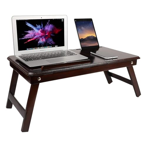 Image of Wooden Laptop Table Standard Adjustable Study Table with Laptop, Portable Lap Desk, Multifunctional Bed Table with Drawer and Folding Legs (Walnut)