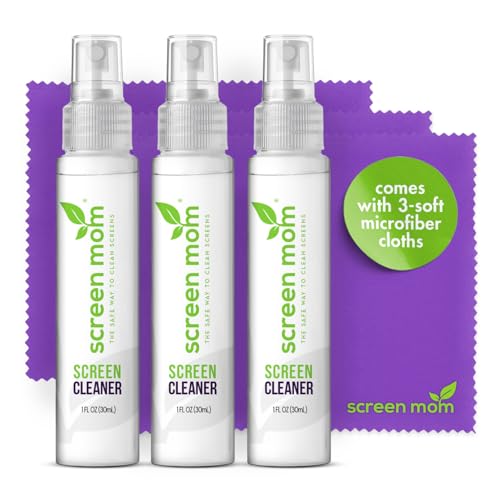 Screen Cleaner Spray and Microfiber Cloths 3-Pack (3x1oz) by Screen Mom-Screen Cleaner Spray and Wipe for TV Computer Phone iPad Car Screen Cleaning Kit Electronic Cleaner Spray