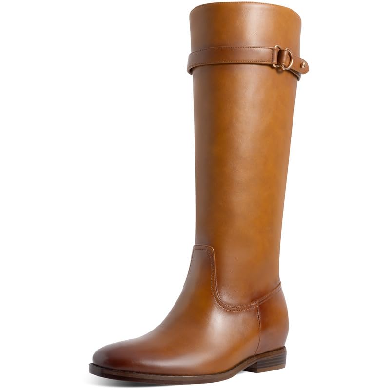 Riding Boots Women Knee High Flats with Buckle Boots Round Toe Low Heels Tall long with Side Zip
