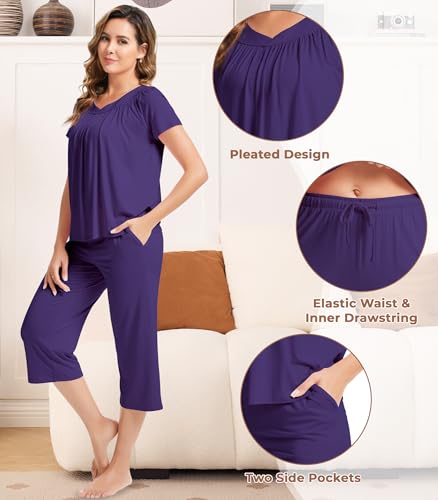 Image of NACHILA Pajamas for Women-Viscose Made from Bamboo, Short Sleeve Sleepwear Soft Capri Pants Pajama Set Pleated Loungewear