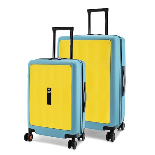 Image of Nasher Miles Zanzibar TSA Lock Hard-Sided Polycarbonate 8 Wheels Double Spinner Luggage Set of 2 Yellow Blue Trolley Bags (55 & 65 cm)| Suitcase,Small & Large