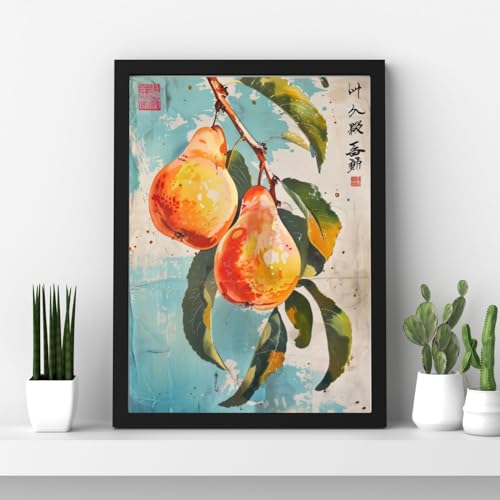 Poires sur aqua tableau rétro aquarelle avec écriture japonaise grand format - 6