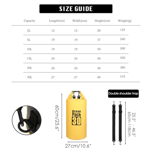 MORAINJAY 30L Yellow Dry Bag,Waterproof Bag with Double Adjustable Shoulder Strap,Large Capacity Dry Sack 2L 5L 10L 15L 20L 30L for Outdoor Camping,Rafting,Swimming,Boating,Surfing - Image 2