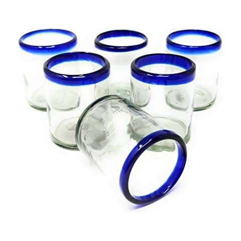 Hand Blown Mexican Drinking Glasses - Set of 6 Tumbler Glasses with Cobalt Blue Rims (10 oz each) Cover