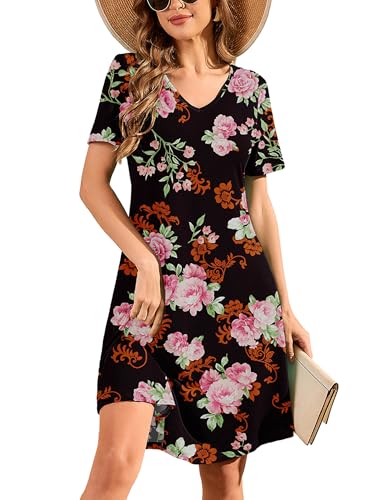 Image of DEARCASE Summer Dresses for Women V-Neck Short Sleeve T Shirt Dress Casual Flowy Swing Beach Vacation Mini Sundress