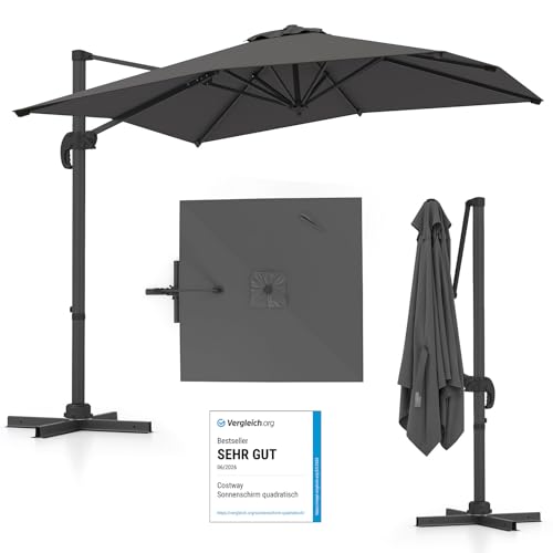 COSTWAY Sonnenschirm rechteckig 250 x 250 cm großer Ampelschirm mit Kurbel Gartenschirm neigbar 360 drehbar Terrassenschirm Marktschirm für Garten Terrasse Balkon (Grau)