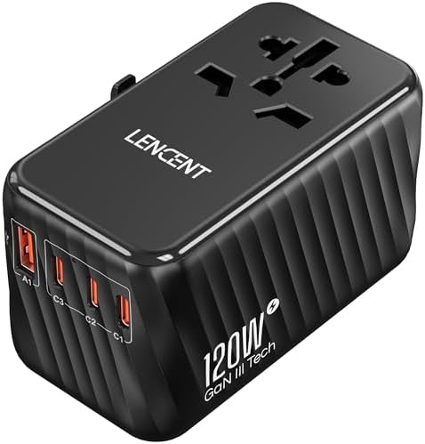 LENCENT 120W Universal Reiseadapter Weltweit, Worldwide Reisestecker | Weltreise Adapter mit 3 USB A und 1 USB C, Internationaler Steckdosenadapter für Japan Thailand USA England A