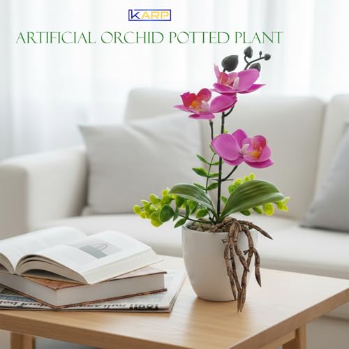 Image of KARP Artificial Potted Plants, 27Cm Height Mini Faux Orchid Flowers Plant with White Ceramic Pots Home Decor, Indoor Artificial Ornamental Plants for Living Room, Office Desk & Bathroom, Decorative