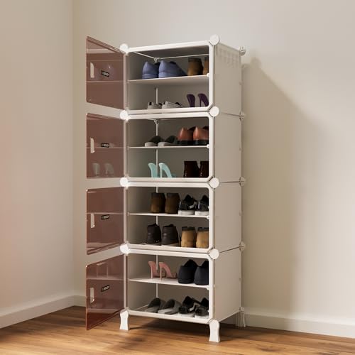 Image of BOXJOY 8 Shelf White Shoe Rack for Home with 4 Brown Doors, Hard PET Plastic with Metal Door Frame, Shoe Chappal Slipper Sandals Stand