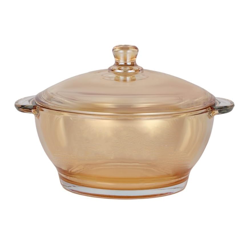Image of bellemax 1000 ML Brwon Glass Casserole Deep Round - Oven and Microwave Safe Serving Bowl with Glass Lid (Amber - 1000ML, Set of 1)