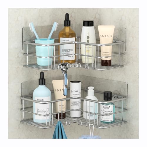 Menbyci 2 Pack Corner Shower Caddy, Adhesive Bathroom Shelf with 8 Hooks, Rustproof Stainless Steel Bathroom Organizer, No Drilling Shower Shelves Basket Wall Storage Rack Shampoo Holder (Silver) - Cosy Home Interiors Menbyci 2 Pack Corner Shower Caddy, Adhesive Bathroom Shelf with 8 Hooks, Rustproof Stainless Steel Bathroom Organizer, No Drilling Shower Shelves Basket Wall Storage Rack Shampoo Holder (Silver) - Image 5