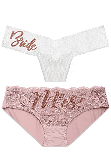 Sexy Bride Panties - SET OF 2 Rose Gold Mrs Blush Lace Front Bikini & Rose Gold Bold Glam Bride White Stretch Lace Thong Panty - Lingerie Gifts for Bride - Large - Panty Set(RGMrsBLBk RGBrdWHTh)Lg