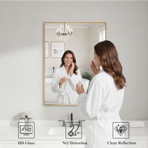 Image of Koonmi Gold Rectangle Wall Mirror, 20x30 Inch Bathroom Mirror, Aluminum Frame Vanity Mirror for Entryway, Living Room, Bedroom Bathroom, Hangs Horizontally or Vertically