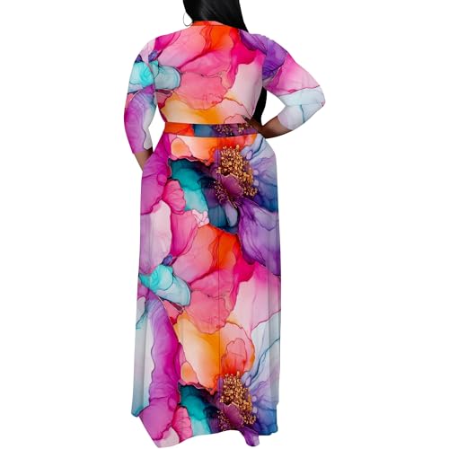 Image of SUZONANA Plus Size Maxi Dresses for Curcy Women Casual Loose 3 /4 Sleeve Long Dress with Belt
