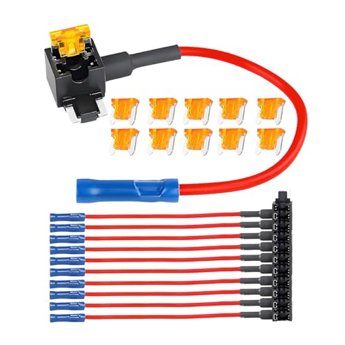 Sandfren 10PCS Car Add-a-Circuit Fuse Tap Adapter, 12V 16 AWG Low Profile Mini Blade Taps Holder Assortment Kit, Anti-Vibration Automotive Fuse Connector, Universal for SUV, Truck, RV