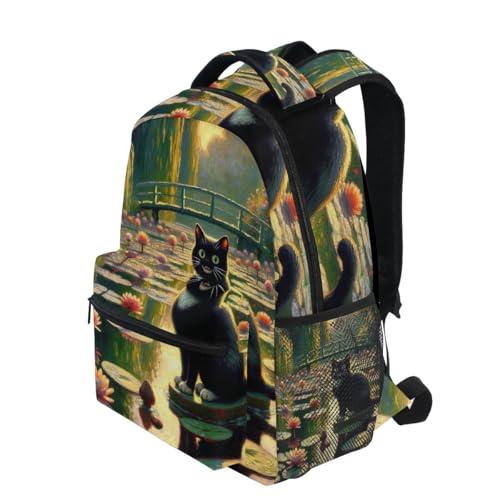 Kids Back Pack, Lightweight Kids Travel Backpack for Boys Girls Back to School Essentials, 15L, Black Cat Water Lilies3