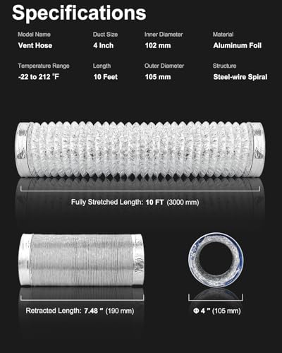 Image of GDSTIME 4 Inch Dryer Vent Hose 10 FT, Flexible Aluminum Duct with 2 Clamps, Heavy Duty Muti Layer Protection for Heating Cooling Ventilation and Exhaust