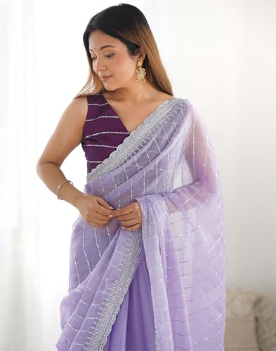 Image of SIRIL Women's Shimmer Chiffon Sequence Embroidery Saree With Unstitched Blouse Piece for Wedding and Parties