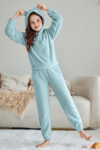Image of Arshiner Girls 2 Piece Outfits Sweatsuit Fuzzy Long Sleeve Bear Ear Hoodie Sweatshirt and Sweatpant Kids Clothing Sets