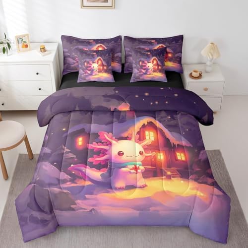 Axolotl Bedding Cute Comforter, Blue Ocean Newt Girls Bedding Sets Cartoon Amphi