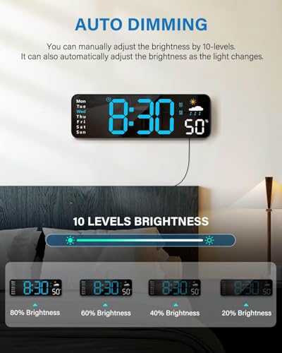 Image of Digital Wall Clock Large Display with Remote Control Corded LED Alarm with Date Week Temp Humidity Auto Countdown for Living Room Bedroom Classroom Office (Orange) (6665 Blue)