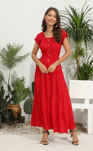 Image of OSTOO Women's Floral Maxi Dress Boho Summer Short Sleeve Smocked Waist Tiered Long Dress