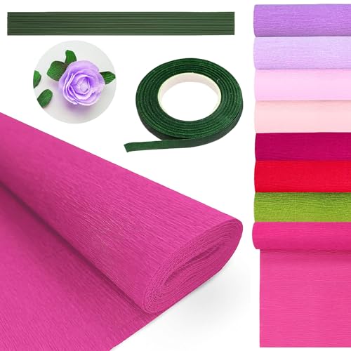 8 Colores Papel Crepe Papel Pinocho Papel Crepe Colores Papel Crepé Floral 25 * 250cm 1 Rollo de Cinta Floral Verde y 20 Tallos de Hilo Floral Verde para Manualidades Florales de Papel