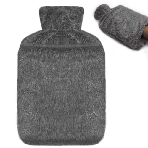 Jsdoin Hot Water Bottle with Luxury Cosy Faux Fur Cover UK 2L Leakproof Hot Water Bag for Neck Shoulder Pain and Hand Feet Warmer (Darkgrey)