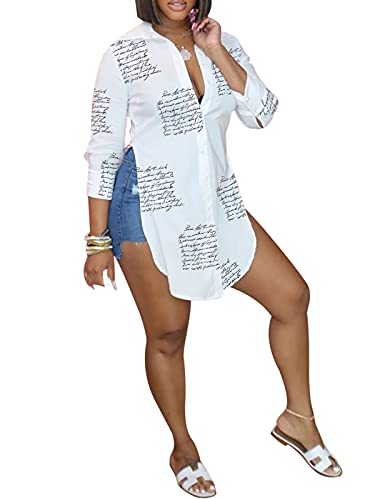 qfmqkpi Women Sexy V Neck Shirts Side Slit Print Long Sleeve Button Down Blouse Tops