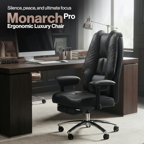 Image of DROGO Leather Monarch Pro Ergonomic Office Chair for Work from Home 400LBS,Computer Chair for Study with High Back,Cushion Seat,Armrest,Head&Lumbar Support,Gaming Chair with Footrest & Recline (Black)