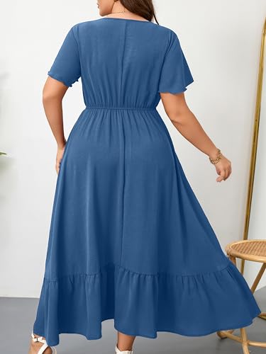 Image of RWJ Women Plus Size Maxi Dress V Neck Short Sleeve Button Trim Split Flowy Tiered Casual Long Dresses 2025 L-3XL