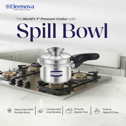 Image of Eleenova Legacy Stainless Steel Pressure Cooker 5 Litre | Anti Spill Design | Gas Stove and Induction Compatible | Outer Lid SS Pressure Cooker | ISI Certified | 5 Year Warranty