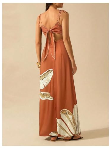 Image of SOLY HUX Women's Summer Maxi Dress Boho Print Tie Shoulder Spaghetti Strap Cut Out Tie Back Cami Dresses Sundress