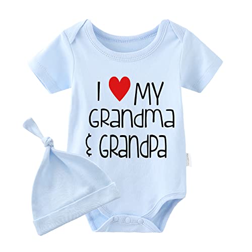 Image of YSCULBUTOL Baby Twins Bodysuits I Love My Grandma And Grandpa Infant Baby Clothes Unisex Twin Romper Outfits With Hat