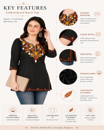 Image of Women's Gulnar Pure Cotton Kashmiri Embroidered A-line 3 /4 Cuff Sleeves Kurti | Short Kurta
