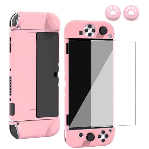 Dockable Protection Case for Nintendo Switch OLED, Portable Full Protective Skin Cover for Joy-Con Controller with Screen Protector and Thumb grips – pink