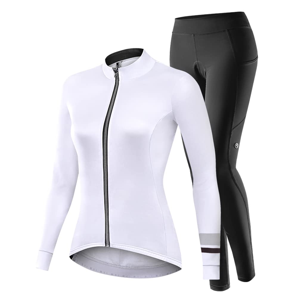 NUCKILY Fahrradbekleidung Set Damen Radtrikot Langarm Winddicht Damen Thermische Fleece mit 3D Polster Hosen