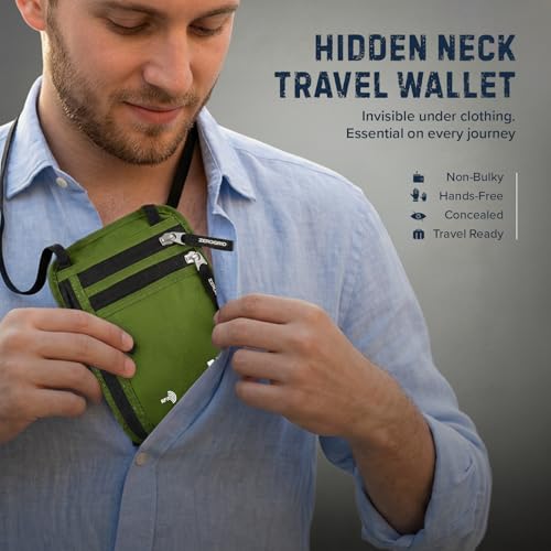 Image of Neck Wallet for Travel & Passport Holder with RFID Blocking - Slim & Easy to Conceal Nylon Travel Pouch for men & women - Holds Phone, Cash, Cards, Keys - Sweat & Water Resistant - Large - Green