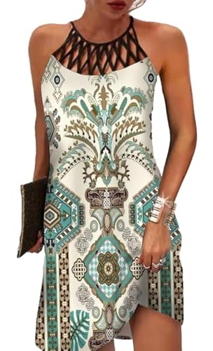 Image of LOVESHOOT Summer Dresses for Women 2026 Casual Floral Hollow Out Halter Neck A-line Sundress for Beach Vacation with Pockets