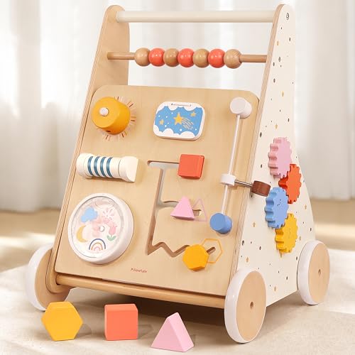 Image of Pillowhale Wooden Baby Walker with Wheels Montessori Activity Push Walker Toy for Toddlers Adjustable Speed & Activity Center for Girls Boys 12M+