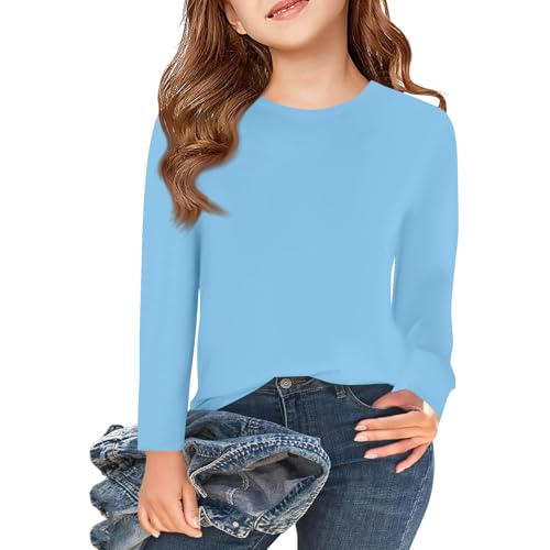 Girls Long Sleeve Crewneck T-Shirt Soft Basic Solid Color Top Comfortable Casual Tee for Kids