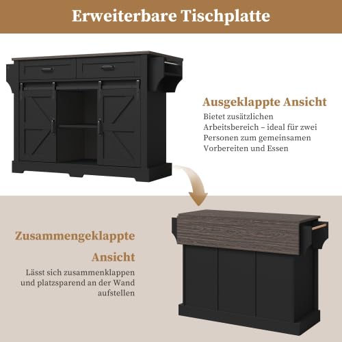Mobilna wyspa kuchenna ze składanym blatem roboczym i drzwiami przesuwnymi w stylu stodoły, wózek kuchenny z 2 szufladami, stabilny z płyty MDF, czarny, 120 x 45-70 x 91 cm