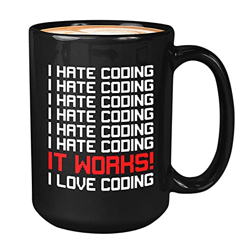 Bubble Hugs Tazza da caffè programmatore da 425 ml, con scritta "I Hate Coding I Hate Coding It Works I", Sarcasm Programmer Programming IT Computer Developer Coworker
