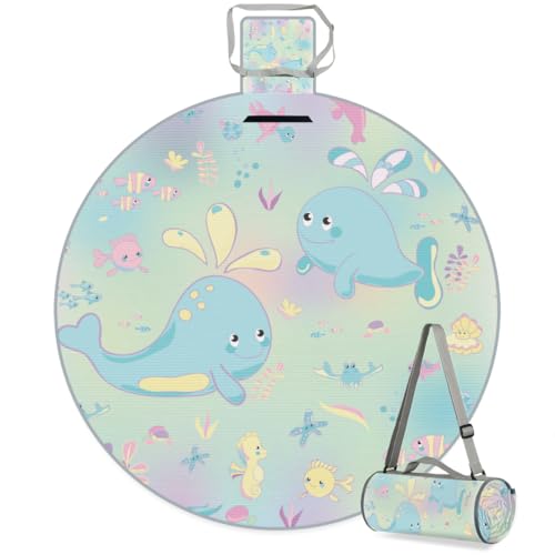 Shimoshe Sea Animal Whale Picnic Outdoor Blanket Foldable Waterproof Sandproof Beach Blanket Portable Water-Resistant Round Picnic Mat for Travel Camping Park Lawn