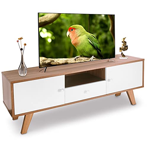 Home Modern Entertainment Center Soporte de TV para televisores de hasta 50.0 in, armario de mesa de madera y estantes abiertos, gran mesa de almacenamiento con puerta corredera para sala de estar, dormitorio y oficina, blanco/nogal